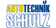 Logo mit der Aufschrift „AUTOTECHNIK SCHULZ“, wobei „AUTO“ gelb und der Rest blau gefärbt ist. Das „I“ von „TECHNIK“ ist als Schraubenschlüssel gestaltet.